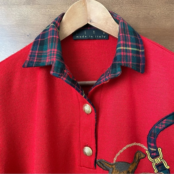 Vintage Men’s Polo Sweater Tartan Plaid Collar Merino Wool Equestrian Dog Preppy - Picture 8 of 14